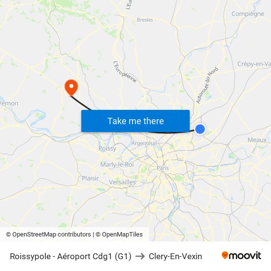 Roissypole - Aéroport Cdg1 (G1) to Clery-En-Vexin map