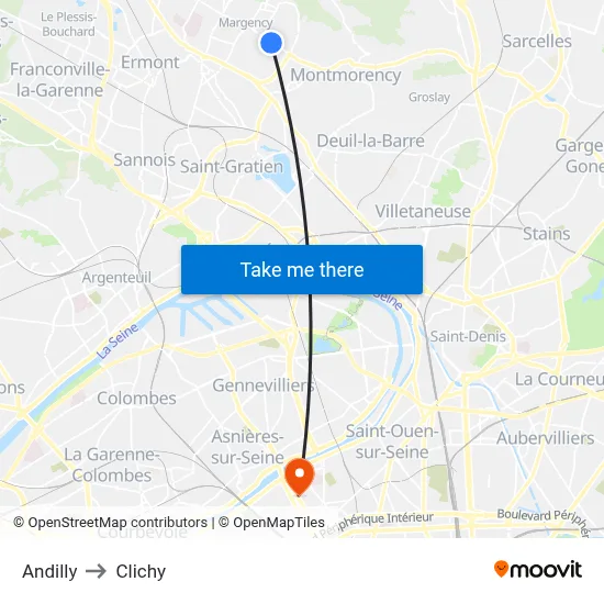 Andilly to Clichy map