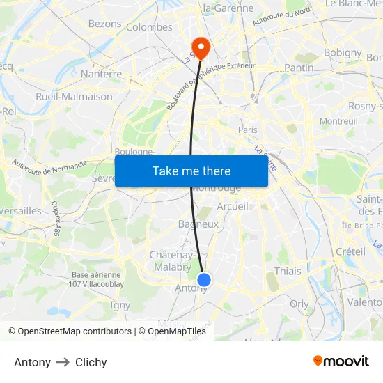 Antony to Clichy map