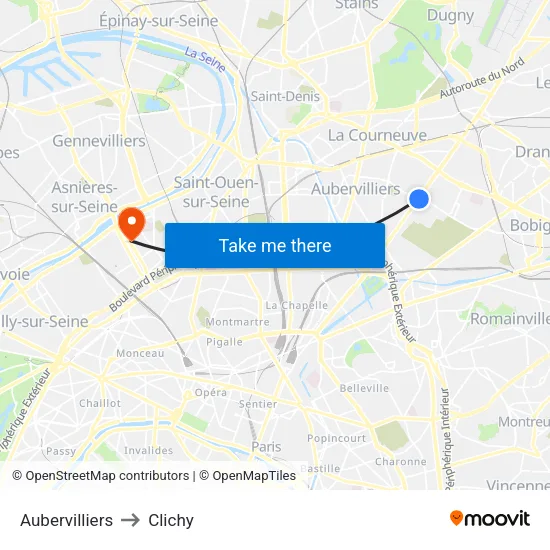 Aubervilliers to Clichy map