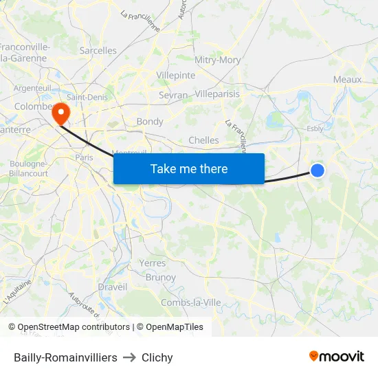 Bailly-Romainvilliers to Clichy map