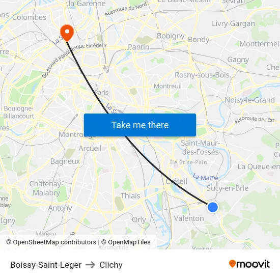 Boissy-Saint-Leger to Clichy map