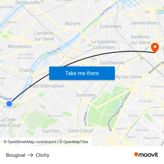 Bougival to Clichy map