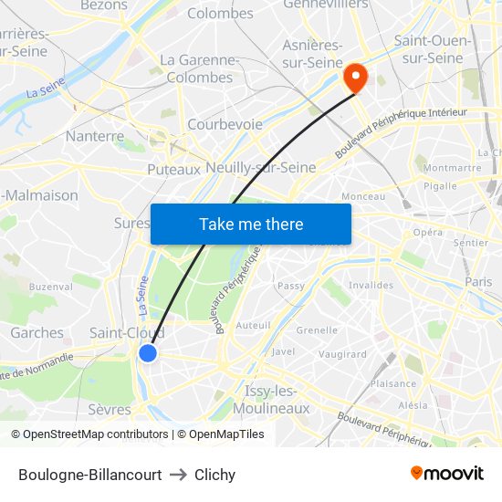 Boulogne-Billancourt to Clichy map