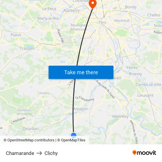 Chamarande to Clichy map