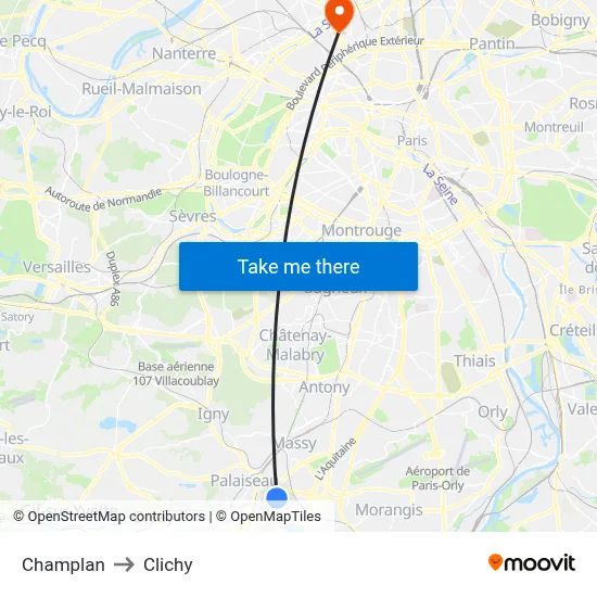 Champlan to Clichy map