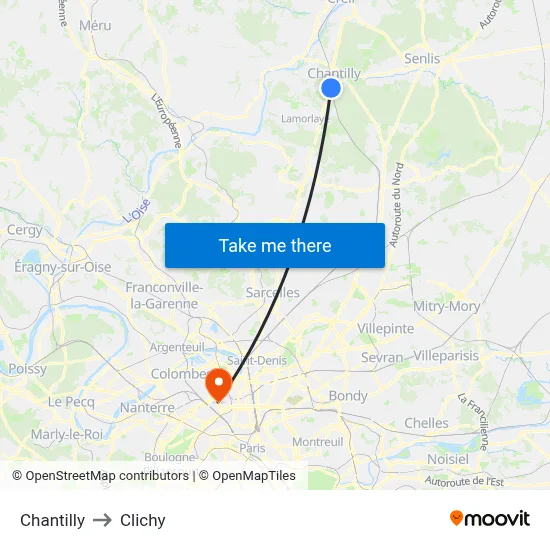 Chantilly to Clichy map