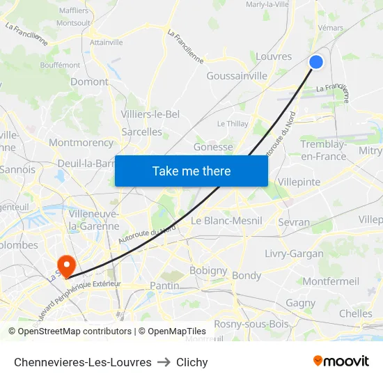Chennevieres-Les-Louvres to Clichy map