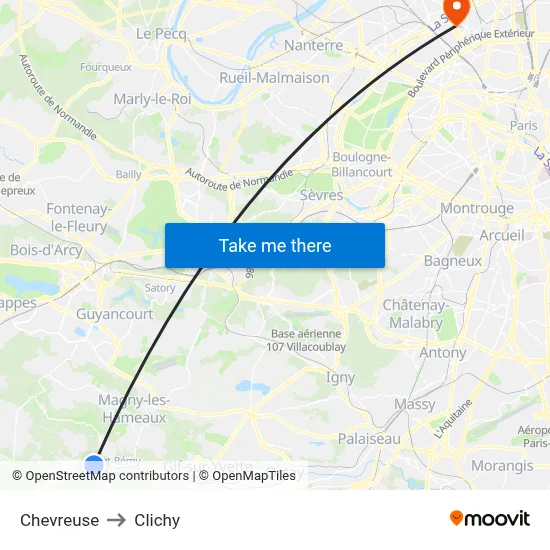 Chevreuse to Clichy map