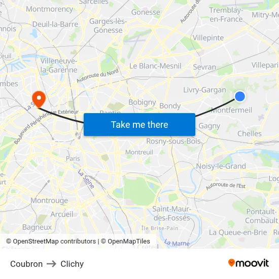 Coubron to Clichy map