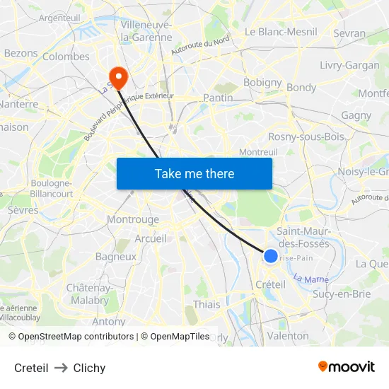 Creteil to Clichy map