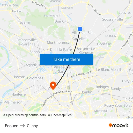 Ecouen to Clichy map