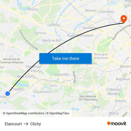 Elancourt to Clichy map