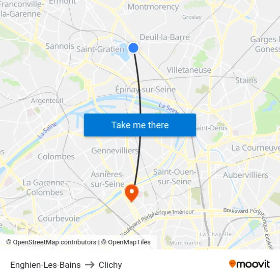 Enghien-Les-Bains to Clichy map