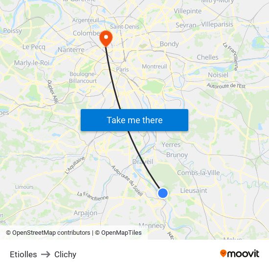 Etiolles to Clichy map