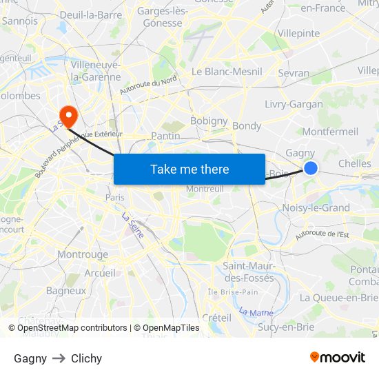 Gagny to Clichy map