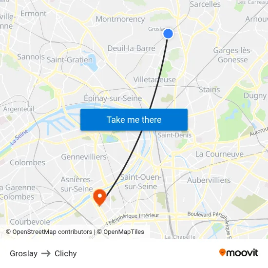 Groslay to Clichy map