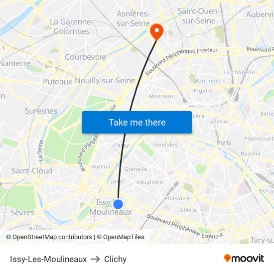 Issy-Les-Moulineaux to Clichy map