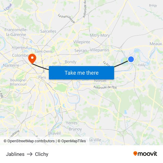Jablines to Clichy map