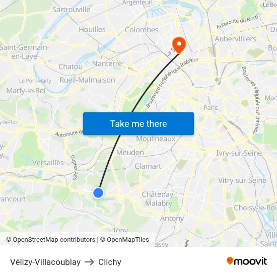 Vélizy-Villacoublay to Clichy map