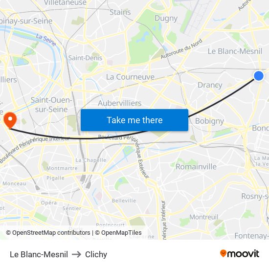 Le Blanc-Mesnil to Clichy map