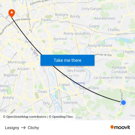 Lesigny to Clichy map