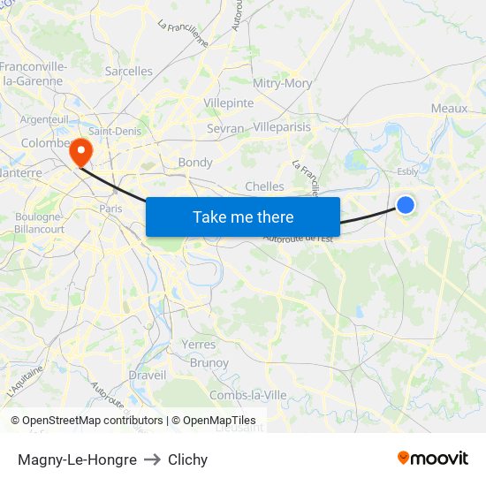 Magny-Le-Hongre to Clichy map