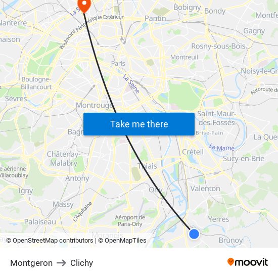 Montgeron to Clichy map