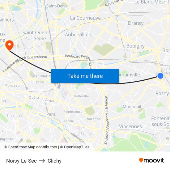Noisy-Le-Sec to Clichy map