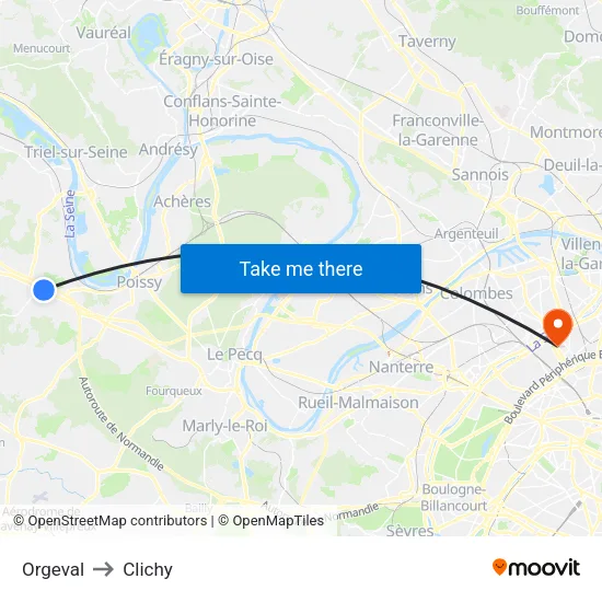 Orgeval to Clichy map