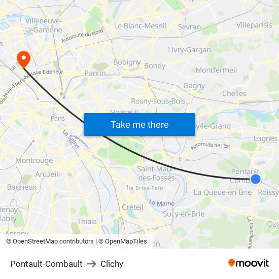 Pontault-Combault to Clichy map