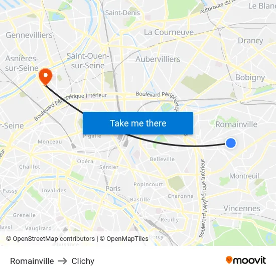 Romainville to Clichy map