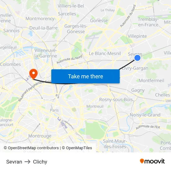 Sevran to Clichy map