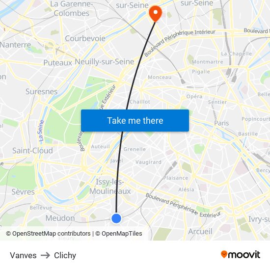 Vanves to Clichy map