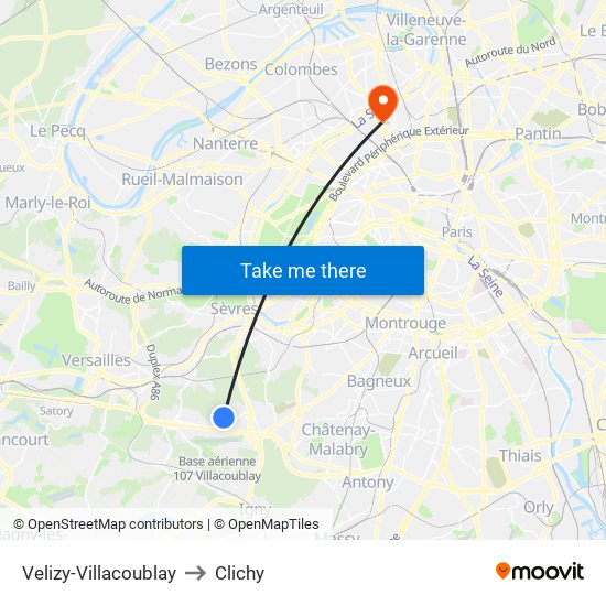 Velizy-Villacoublay to Clichy map