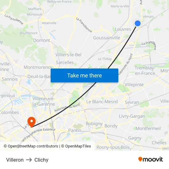 Villeron to Clichy map