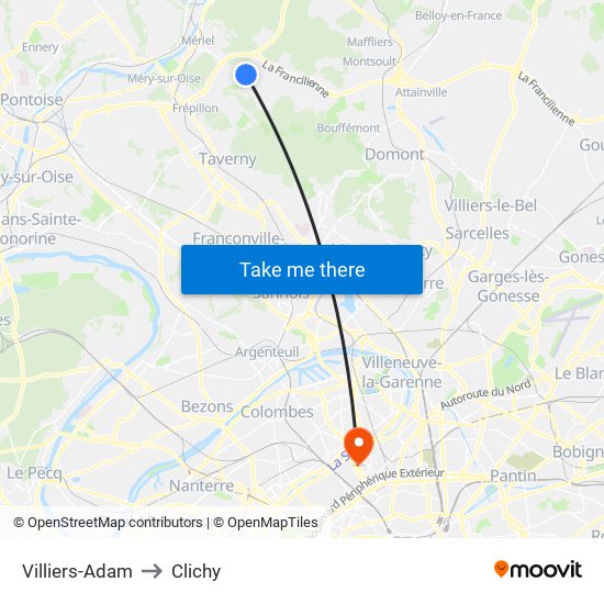 Villiers-Adam to Clichy map
