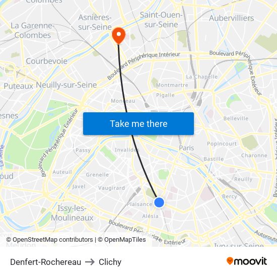 Denfert-Rochereau to Clichy map