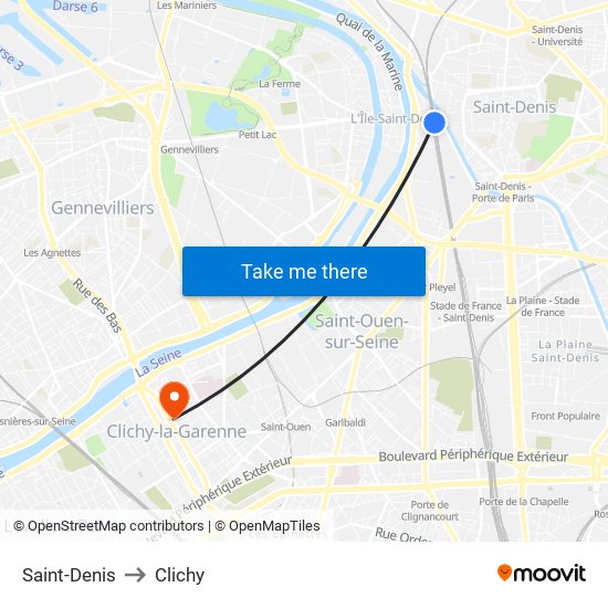 Saint-Denis to Clichy map