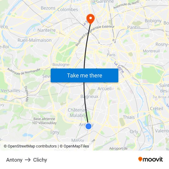 Antony to Clichy map