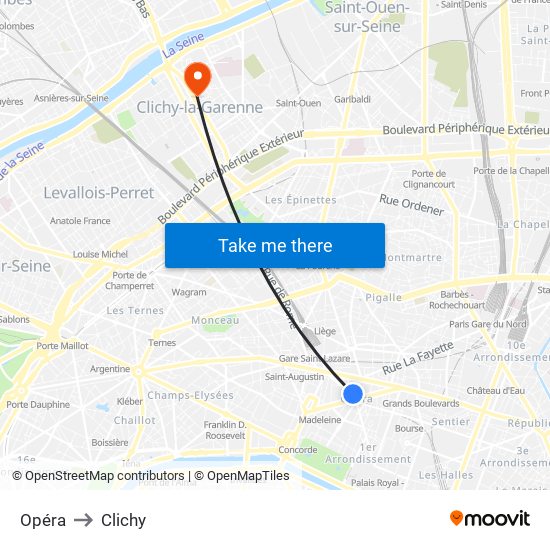 Opéra to Clichy map