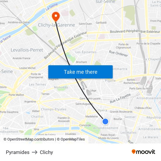 Pyramides to Clichy map