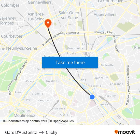 Gare D'Austerlitz to Clichy map