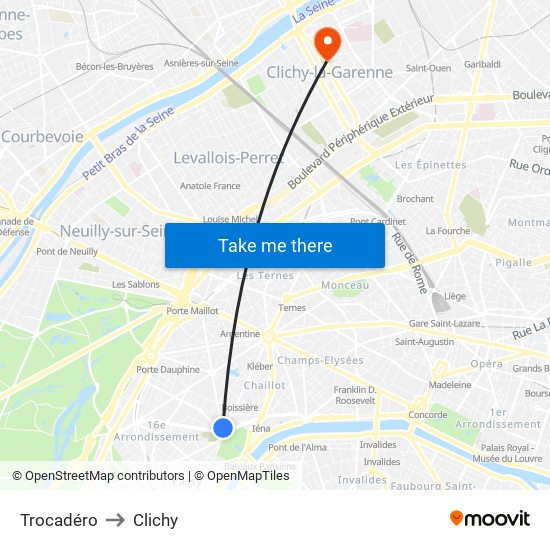 Trocadéro to Clichy map