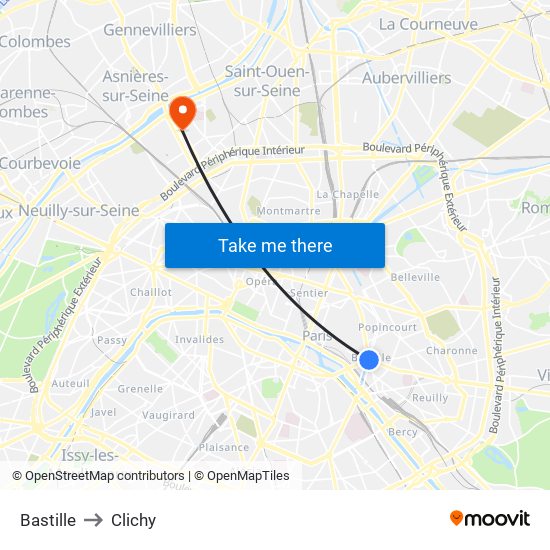 Bastille to Clichy map