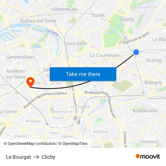 Le Bourget to Clichy map
