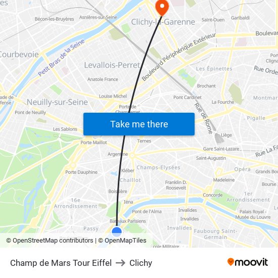 Champ de Mars Tour Eiffel to Clichy map