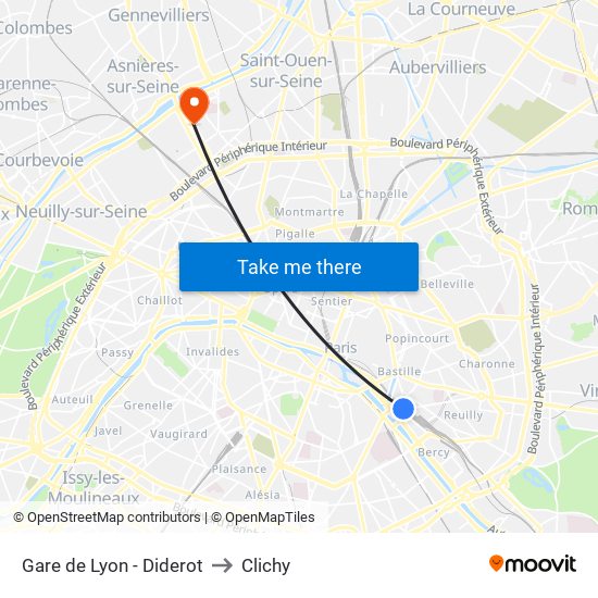 Gare de Lyon - Diderot to Clichy map