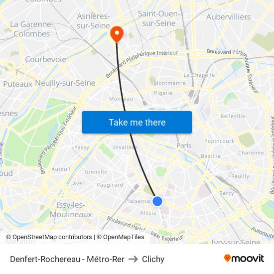 Denfert-Rochereau - Métro-Rer to Clichy map