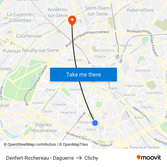 Denfert-Rochereau - Daguerre to Clichy map